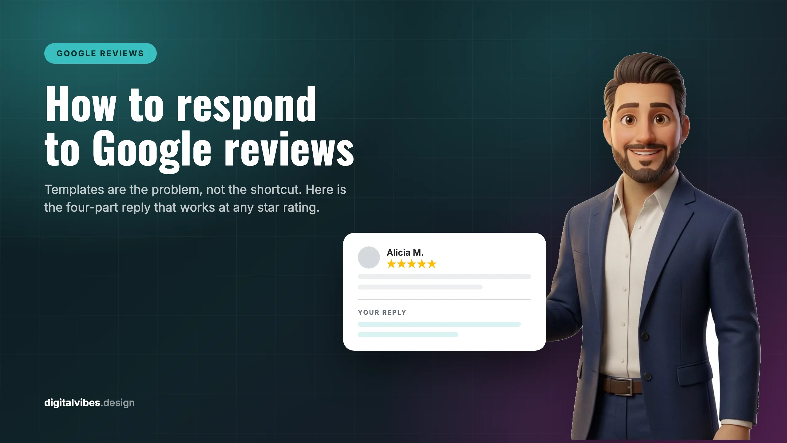 A Google review card showing a five-star rating with an owner reply drafted underneath it