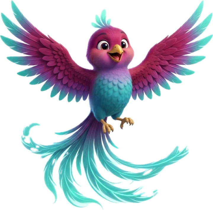 Echo, the Digital Vibes phoenix, flying with open wings