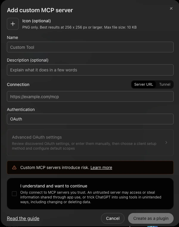 ChatGPT's Add custom MCP server window, where the Digital Vibes connector is added once.