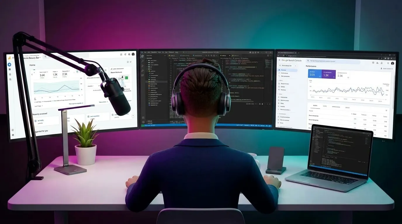 A Digital Vibes workstation: three monitors showing a site analytics dashboard, a code editor, and a Google Search Console performance report