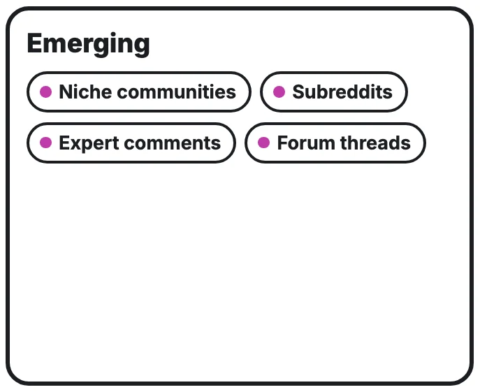 Emerging: niche communities, subreddits, expert comments and forum threads. AI cites them, but they matter less for Google rankings.