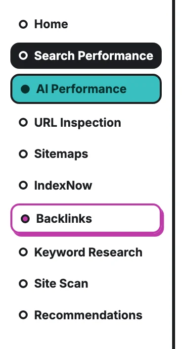 The menu: Search Performance, AI Performance, URL Inspection, Sitemaps, IndexNow, Backlinks, Keyword Research, Site Scan and Recommendations.