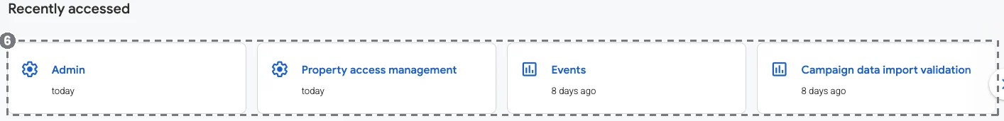 Recently accessed shortcuts: Admin, Property access management, Events, Campaign data import validation.