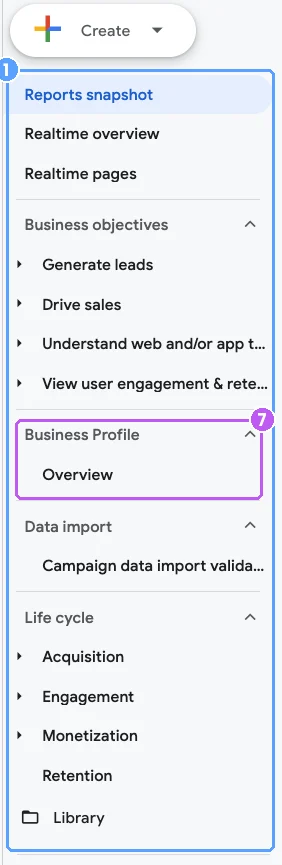 The report menu, with the new Business Profile section and the Life cycle reports: Acquisition, Engagement, Monetization, Retention.