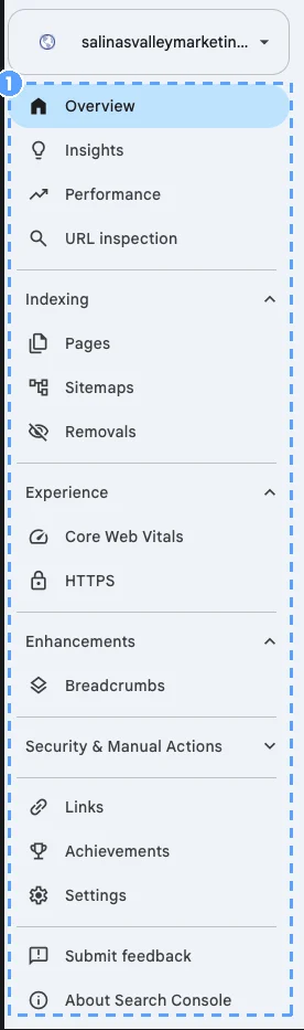 The Search Console menu: Overview, Insights, Performance, URL inspection, then Indexing, Experience, Enhancements, Security & Manual Actions, Links and Settings.
