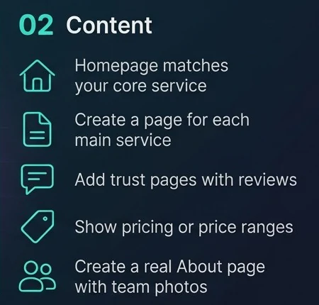 Pillar 2, Content: a homepage that matches your core service, a page for each main service, trust pages with reviews, pricing or price ranges, and a real About page with team photos.