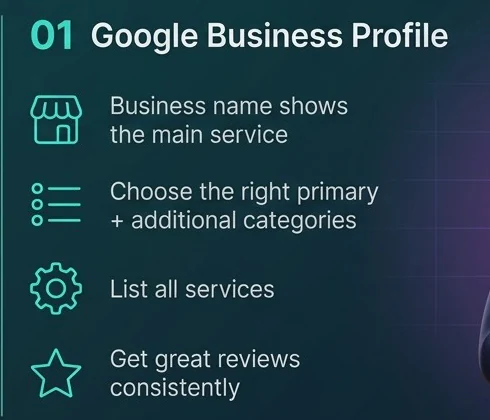 Pillar 1, Google Business Profile: a name that shows the main service, the right primary and additional categories, every service listed, and great reviews on a regular basis.