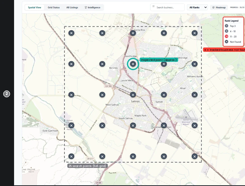 The 5 by 5 grid of search points over Salinas, with the inspected point circled in North Salinas.