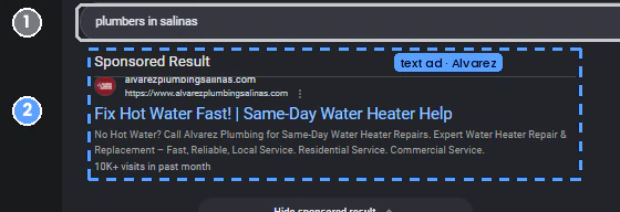 The search and a sponsored text ad from Alvarez Plumbing.