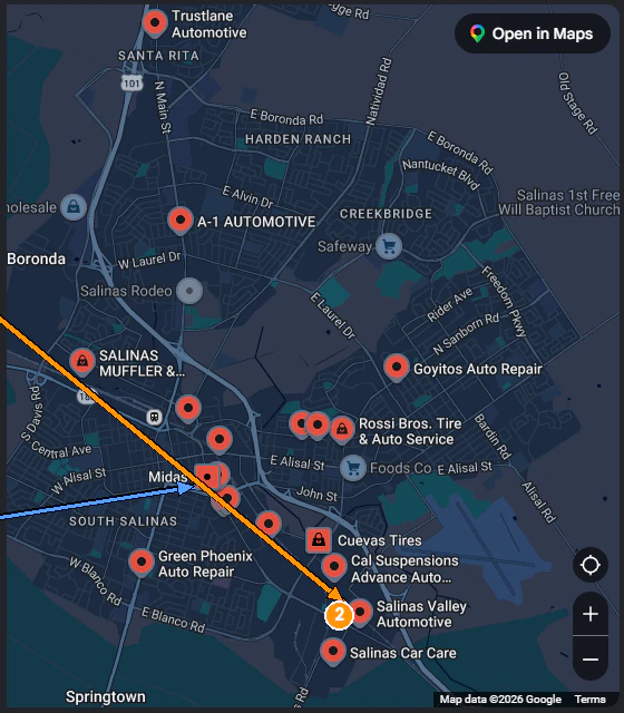The map beside the listings, with Salinas Valley Automotive marked in South Salinas.
