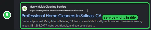 The first website result: a Salinas city page from Merry Maids titled “Professional Home Cleaners in Salinas, CA.”
