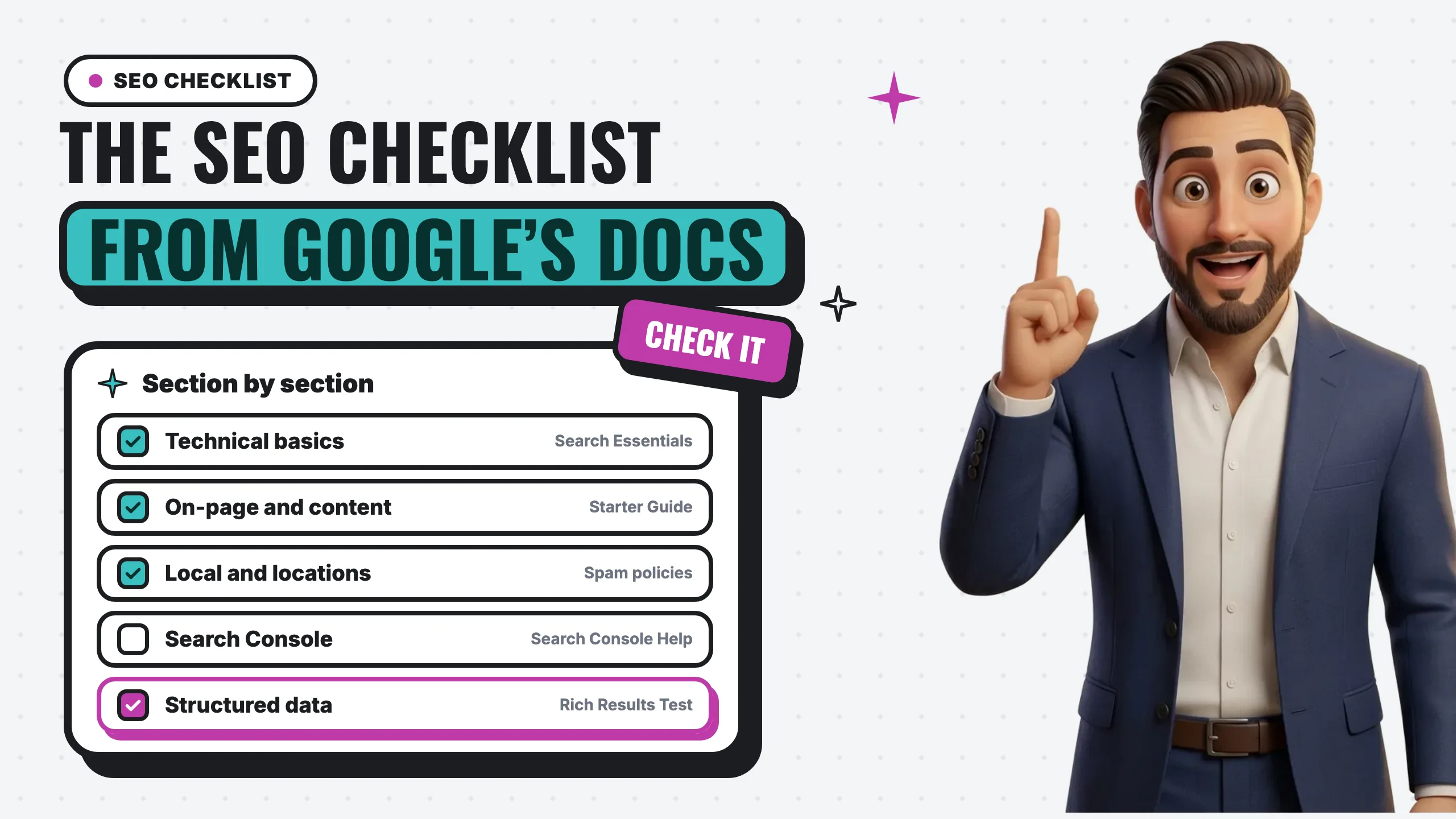 The SEO checklist from Google’s docs: technical basics, on-page and content, local and locations, Search Console and structured data, with Roberto pointing up