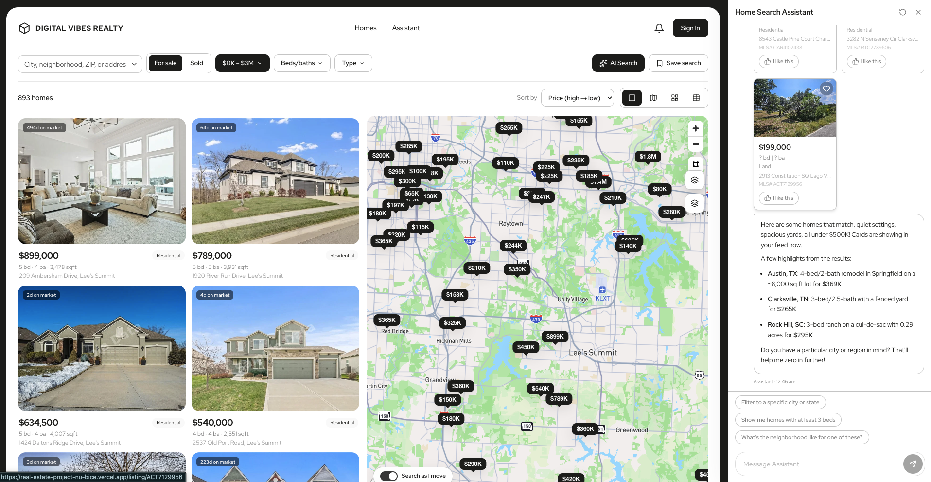 Digital Vibes Realty: an AI-powered home-search website with a live map and chat assistant