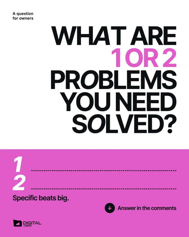 Digital Vibes social post: a large stacked headline over a magenta block with two numbered answer lines